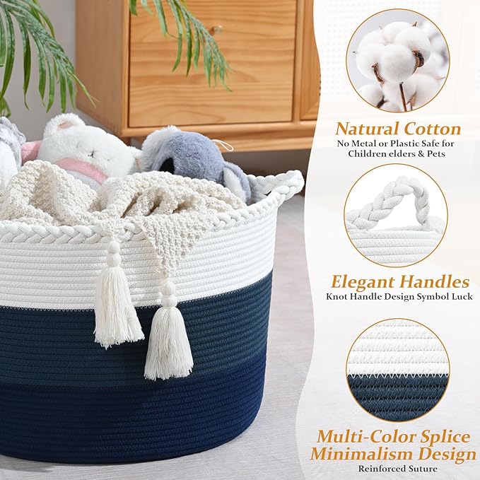 67L Storage Basket for Organizing, 20"×13" Large Laundry Baskets, Cotton Rope Woven Blanket Basket, Toy Storage for Kids, Collapsible Blankets Storage for Living Room, Nursery Room