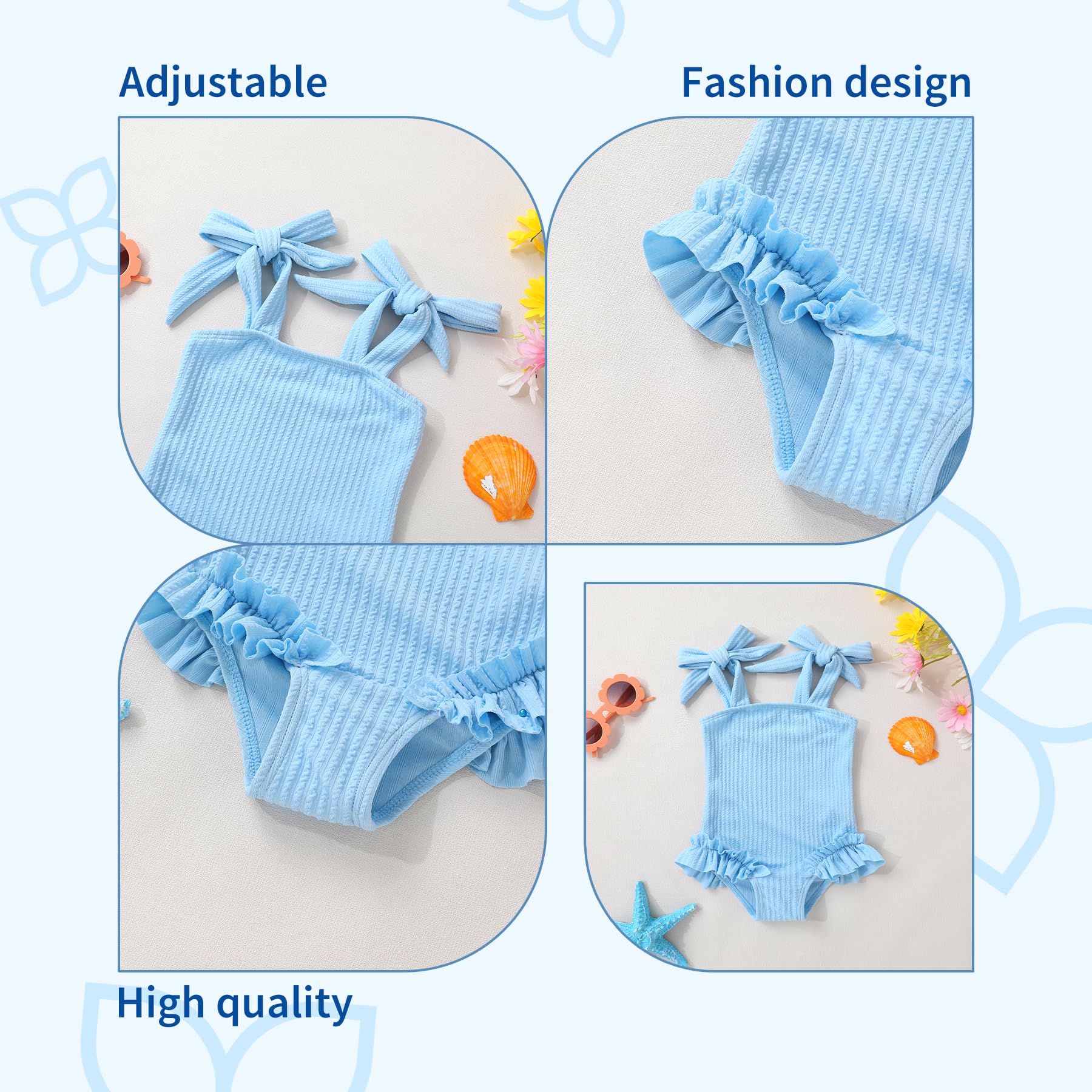 Happy Town Toddler Swimsuit Girl Solid Color Stripe One-Piece Baby Bathing Suits (Light Blue, 9-12 Months)