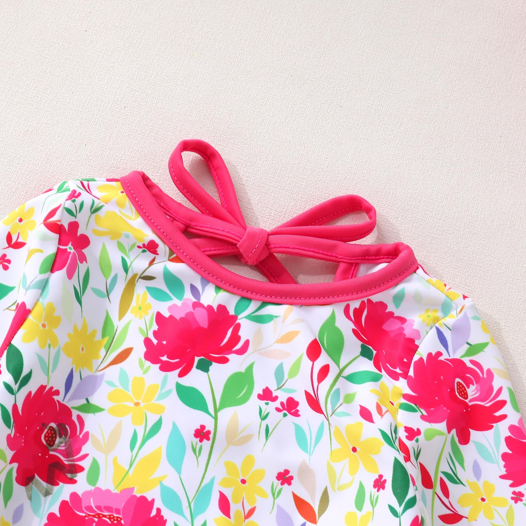 Infant Baby Girls Long Sleeve One Piece Swimsuit with Hat Floral Zipper Bathing Suit Leopard Beach Wear (Rose Red Edged Big Flower，3-6Months)