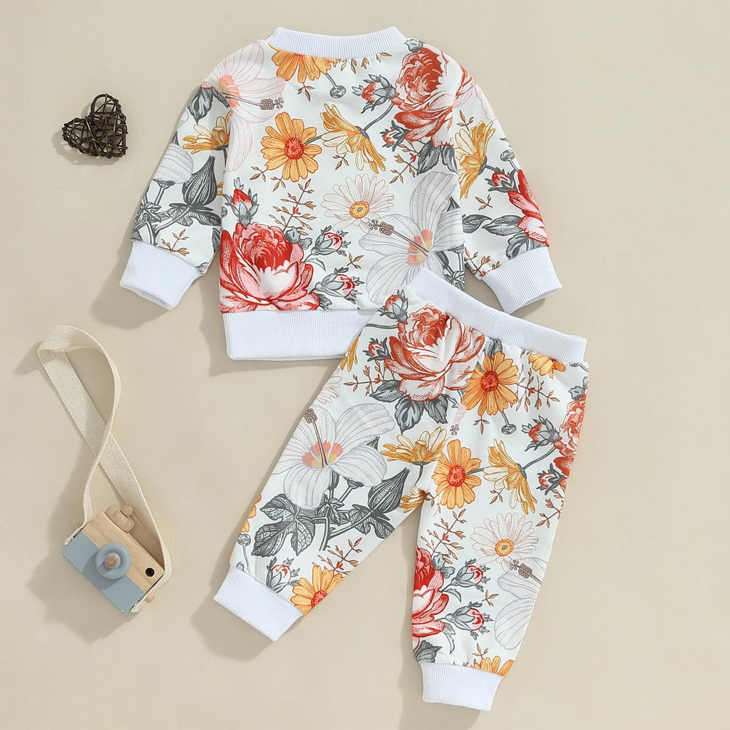 Fernvia Toddler Baby Girl Clothes 3 6 9 12 18 24 Months Fall Outfits Solid Long Sleeve Sweatshirt Tops + Pants Set (White-floral, 2-3 Years)