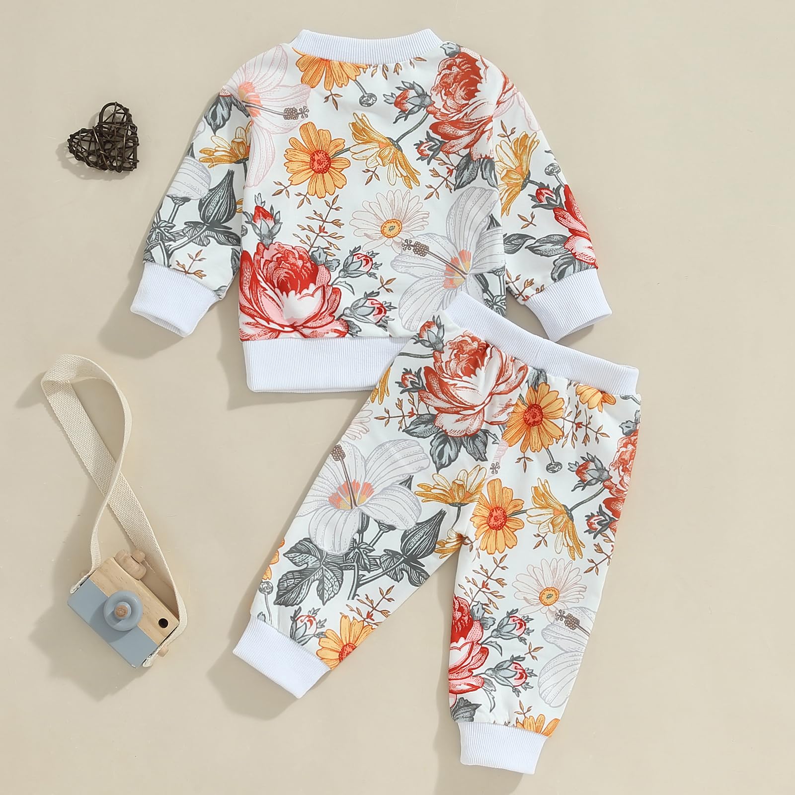 Fernvia Toddler Baby Girl Clothes 3 6 9 12 18 24 Months Fall Outfits Solid Long Sleeve Sweatshirt Tops + Pants Set (White-floral, 12-18 Months)