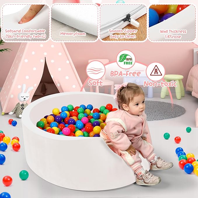 Foam Baby Ball Pit, 35.4"x 11.8" Ball Pits for Toddlers, Soft Round Kiddie Playpen Ball Pool for Kids with Soft Memory Sponge, Gift for Babies Indoor and Outdoor Game,Milk silk fabric‌ white(No Balls)