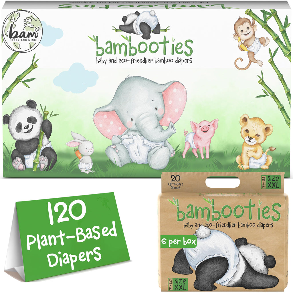 Bambooties Bamboo Baby Diapers, Totally Chlorine Free for Sensitive Skin for Newborns to XXL. Hypoallergenic & Non Toxic Eco Friendlier Plant-Based Materials. TCF XXL Size 6 (120 ct)