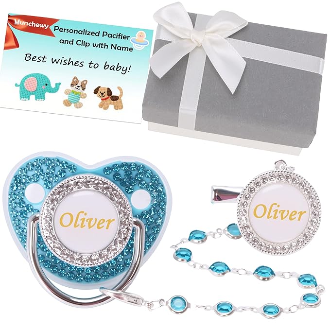 Personalized Pacifier with Name, Customized Pacifier Clip Set with Gift Box, Bling Crystal Soother, Ideal Gift for Boys Baby Shower Birthday Christmas Newborn Photography(Bling Blue)