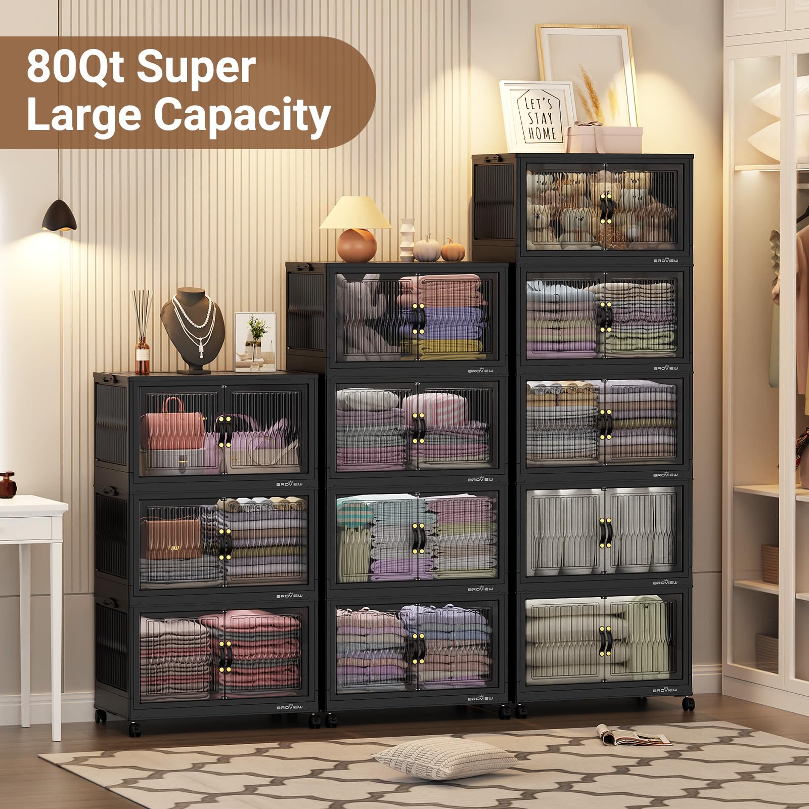 BROVIEW 320Qt Stackable Storage Bins with Lid, Extra Large Closet Organizer Collapsible Drawer Boxes with Wheels, Folding Plastic Cabinet Containers for Home Kitchen Room Organization, 4Pack Black