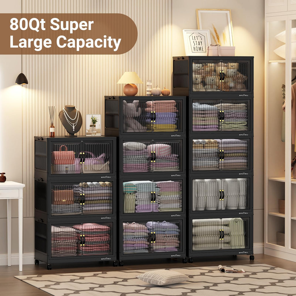 BROVIEW 320Qt Stackable Storage Bins with Lid, Extra Large Closet Organizer Collapsible Drawer Boxes with Wheels, Folding Plastic Cabinet Containers for Home Kitchen Room Organization, 4Pack Black