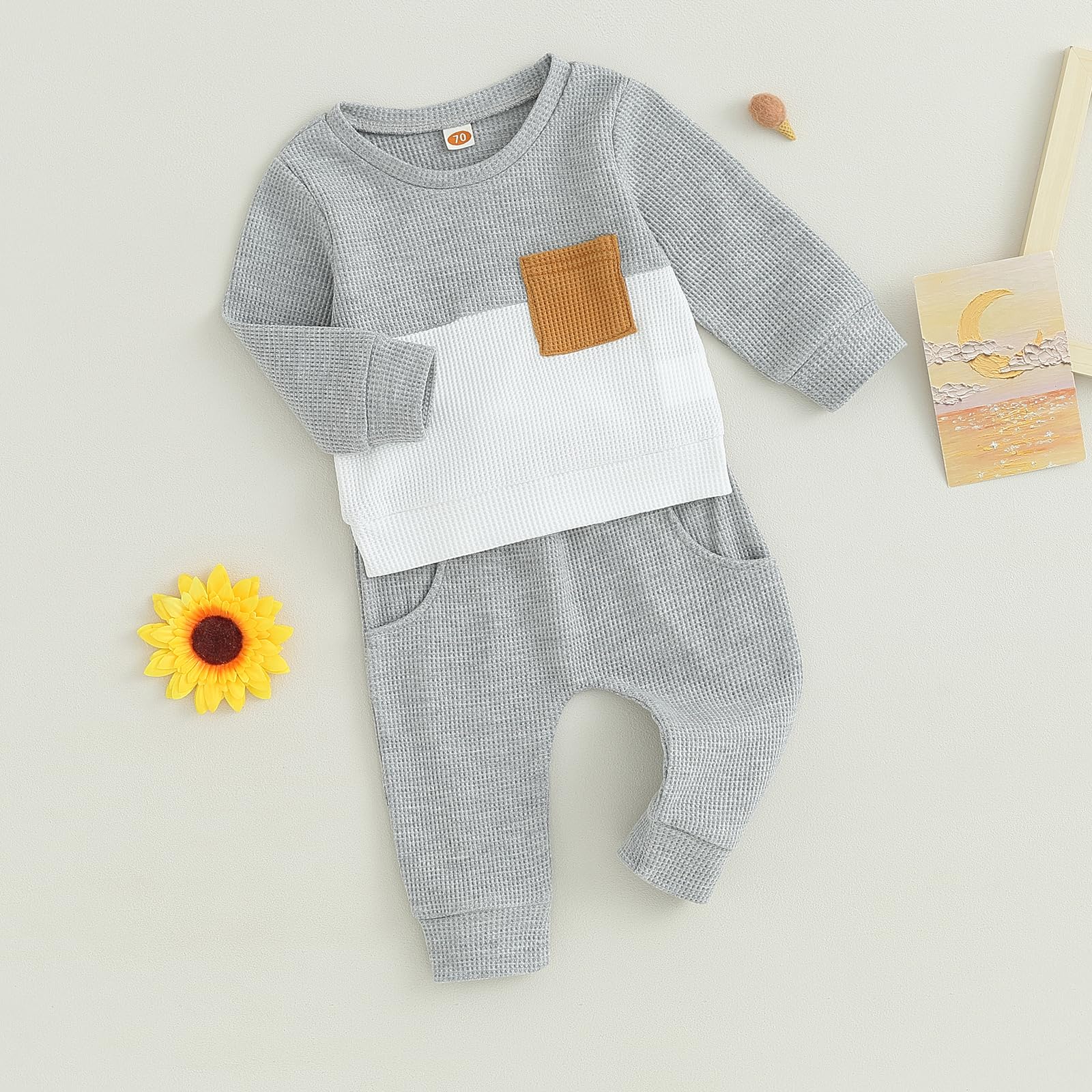 Fufuriprefer Toddler Baby Boy Fall Clothes Waffle outfit Long Sleeve Top Jogger Pant Set (Gray White, 18-24 Months)