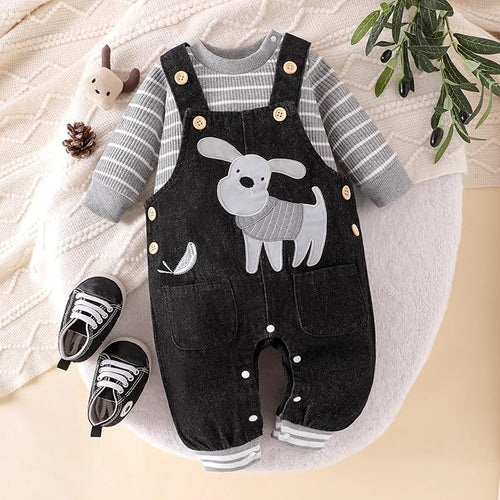 3-6 Month Baby Boy Outfits Fall Winter Clothes Infant Long Sleeve Striped Romper Cute Dog Cartoon Button Jeans Overalls Pants Set Grey 3-6 Months
