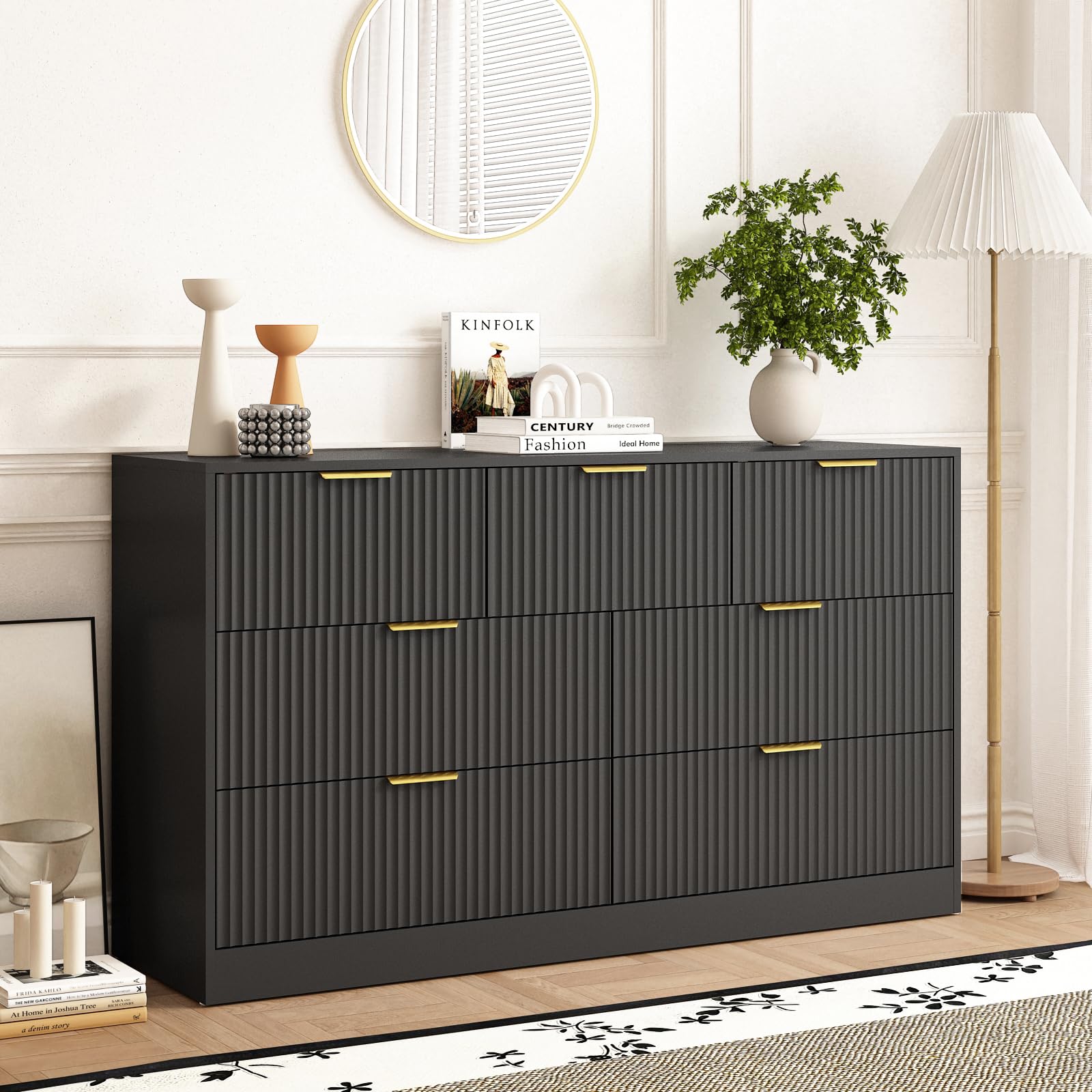 Sscaktu 7 Drawer Fluted Dresser with Deep Drawers for Bedroom, Black丨55 Wide Mid Century Dresser, Modern Chest of Drawers, Wood TV Stand Storage Organizer for Closet, Living Room, Hallway