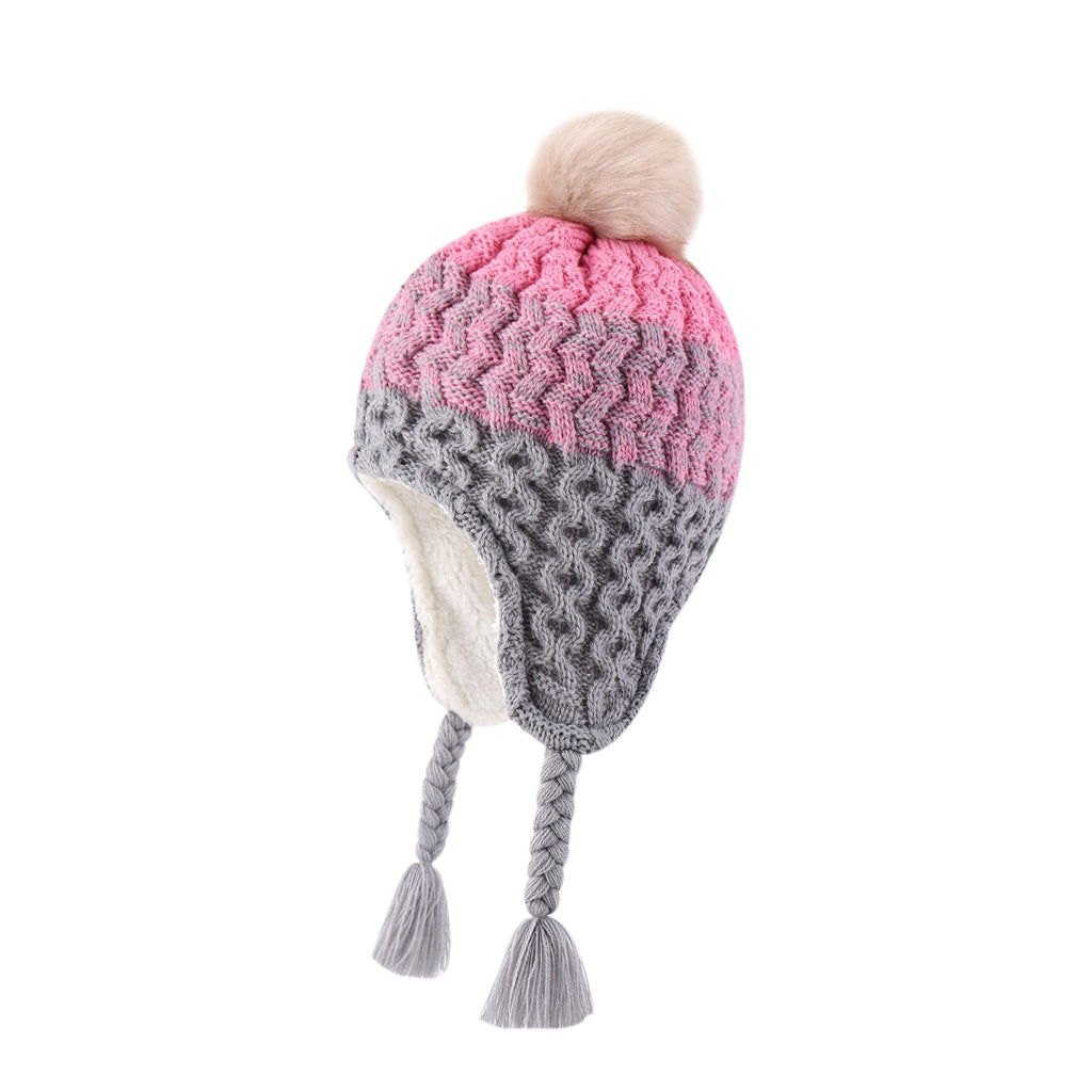 LANGZHEN Infant Pom Pom Beanie Kid Winter Hats Toddler Cap Knit Warm Beanies Caps for Baby Boys Girls(Gradient- Pink+Grey,12-24 Months)