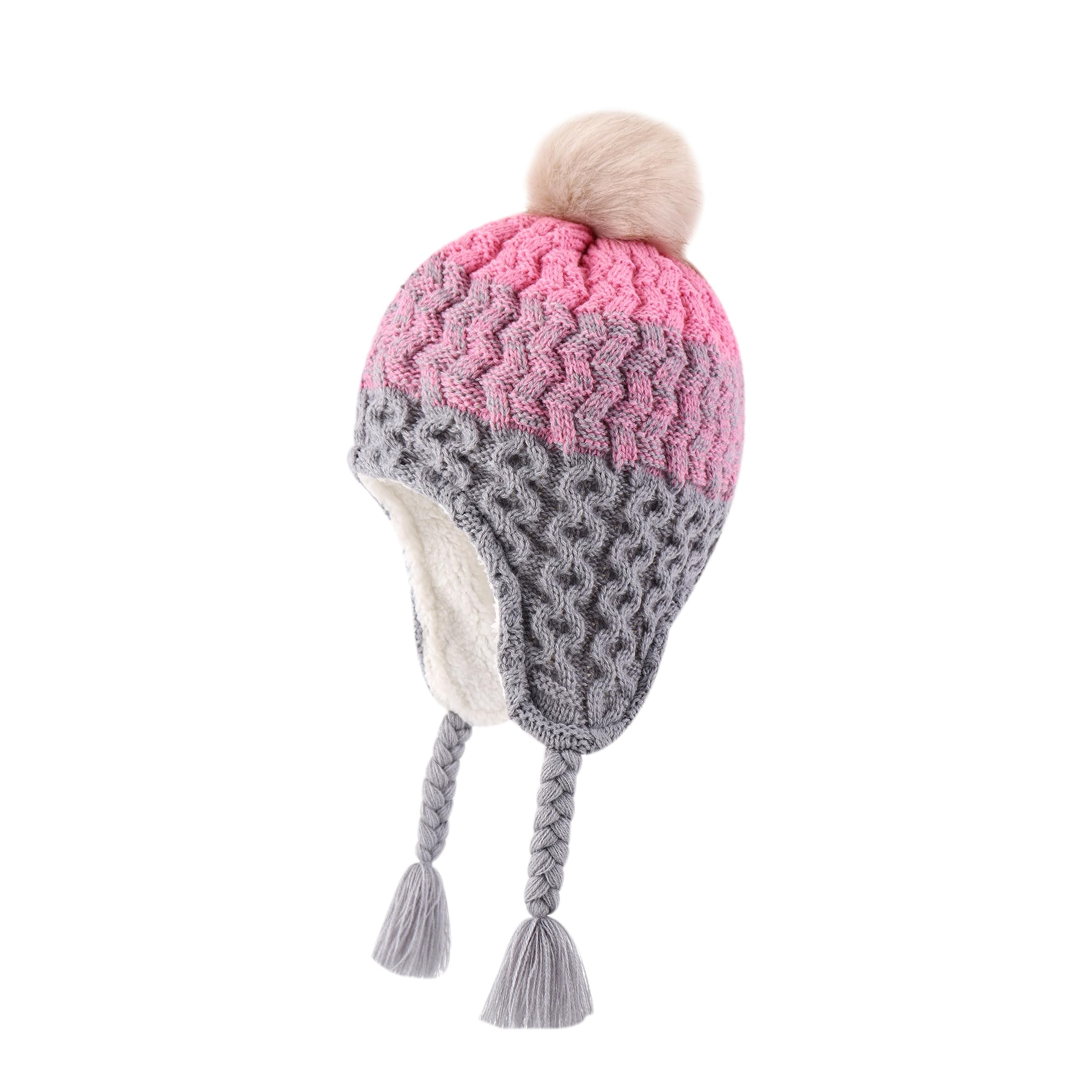 LANGZHEN Infant Pom Pom Beanie Kid Winter Hats Toddler Cap Knit Warm Beanies Caps for Baby Boys Girls(Gradient- Pink+Grey,12-24 Months)