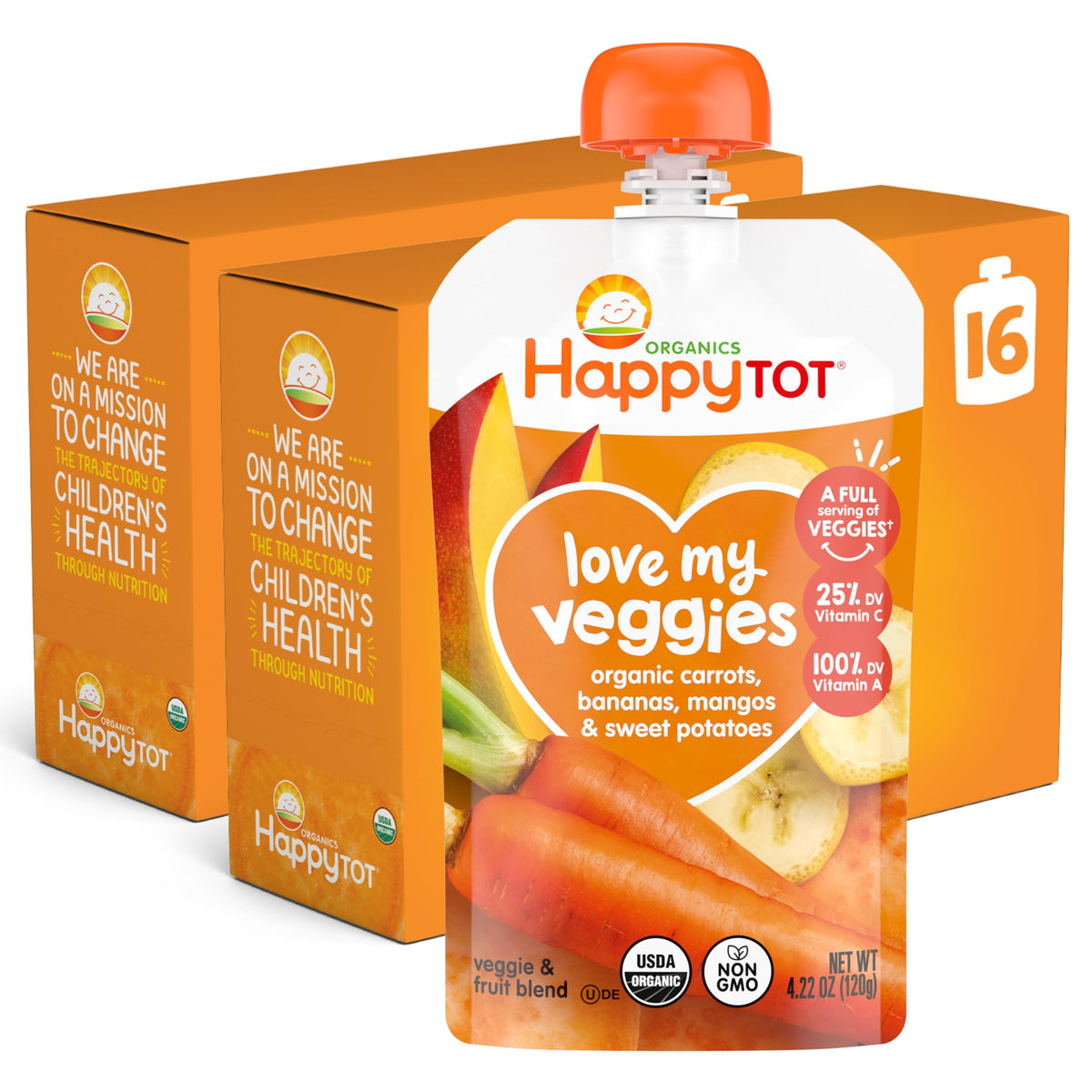 Happy Tot Organics Stage 4 Baby Food Pouches,Gluten Free, Vegan Snack, Love My Veggies, Fruit & Veggies Puree,Squash, Pumpkin & Bananas 4.22 oz Pouch (Pack of 16)