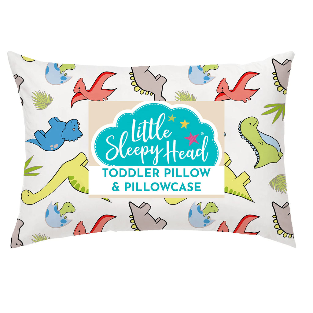 Little Sleepy Head Toddler Pillow with Cotton Pillowcase – 13x18 Kids Pillow for Ages 2–5 – Soft Hypoallergenic Toddler Bed Pillow for Travel, Daycare & Preschool – (Dinosaurs White)