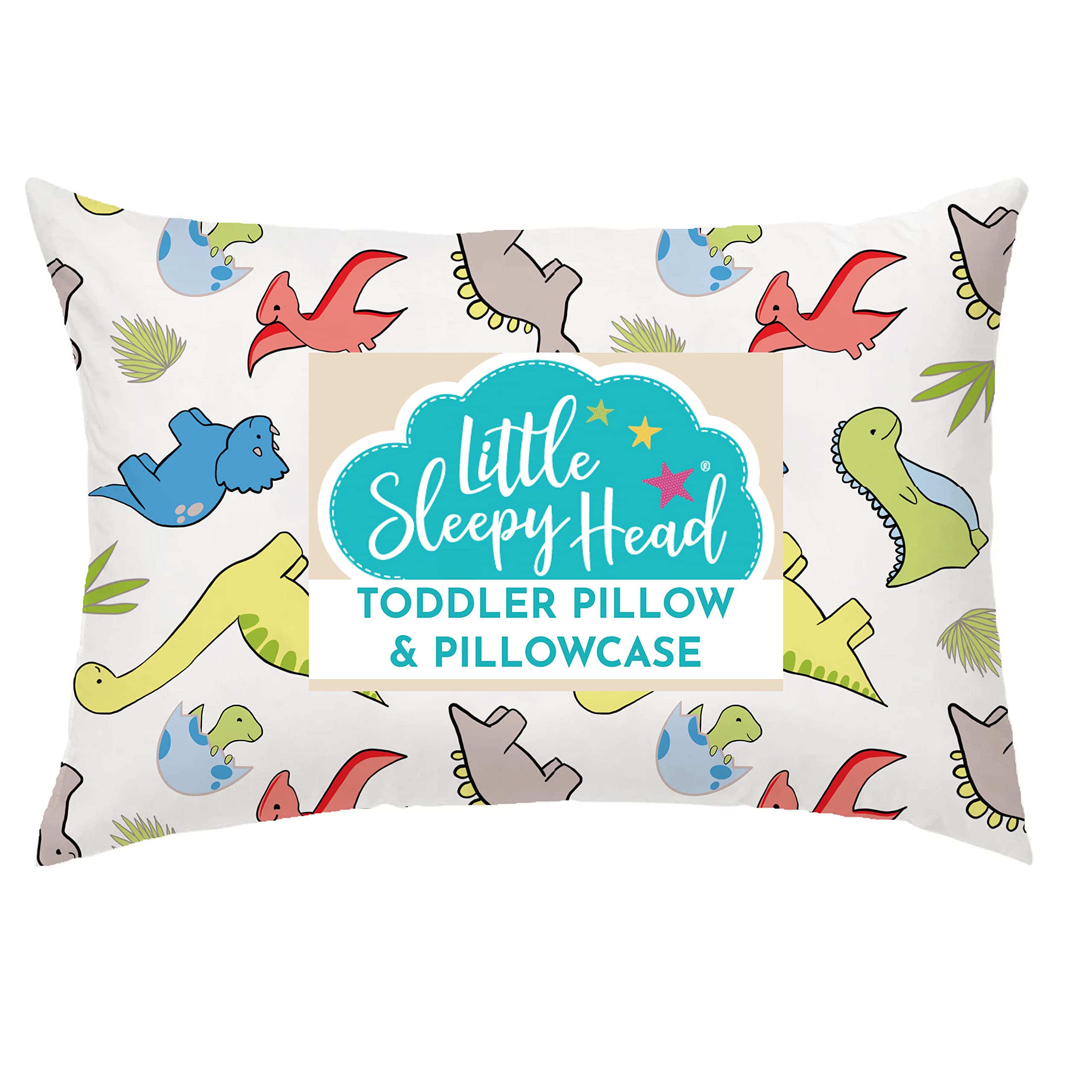 Little Sleepy Head Toddler Pillow with Cotton Pillowcase – 13x18 Kids Pillow for Ages 2–5 – Soft Hypoallergenic Toddler Bed Pillow for Travel, Daycare & Preschool – (Dinosaurs White)