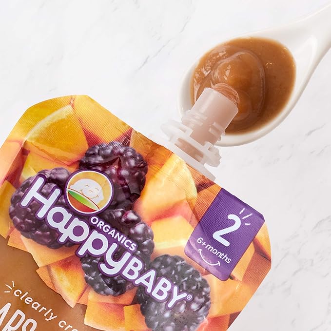 Happy Baby Organics Stage 2 Baby Food Pouches, Gluten Free, Vegan & Healthy Snack, Clearly Crafted Fruit & Veggie Puree, Pears, Squash & Blackberries, 4 Ounces (Pack of 16)
