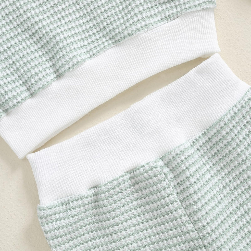 Fufuriprefer Toddler Baby Boy Fall Clothes Waffle outfit Long Sleeve Top Jogger Pant Set (White Green, 6-12 Months)
