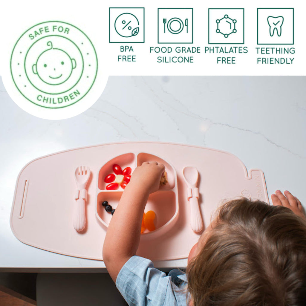 Modern Mini - Silicone Suction Plate for Baby and Toddler, Divided Plate with Fork & Spoon - Unbreakable, Non-Toxic, Food Grade Silicone, Strong Suction Grip, Spill Proof, & Foldable for Travel!