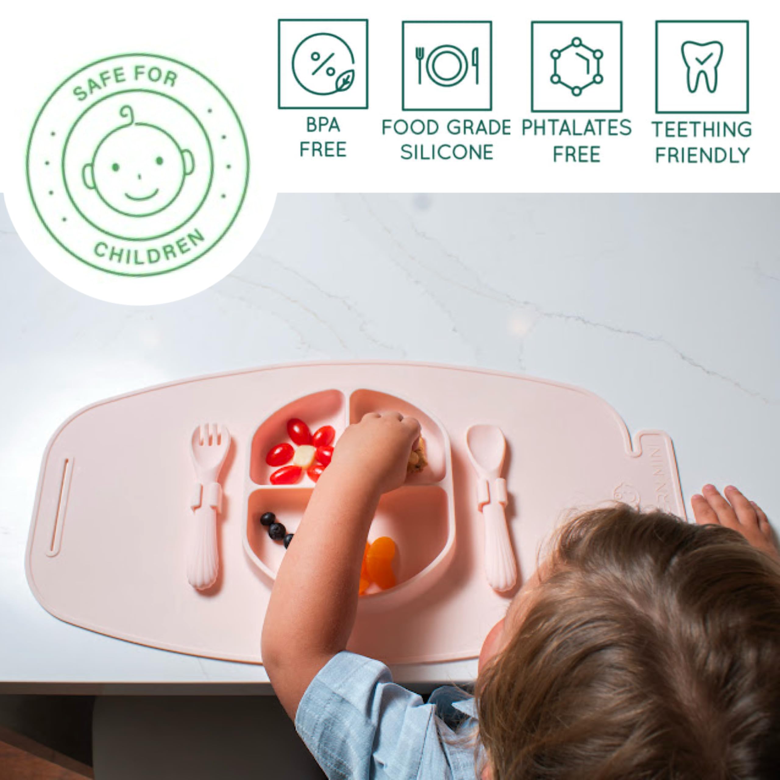 Modern Mini - Silicone Suction Plate for Baby and Toddler, Divided Plate with Fork & Spoon - Unbreakable, Non-Toxic, Food Grade Silicone, Strong Suction Grip, Spill Proof, & Foldable for Travel!