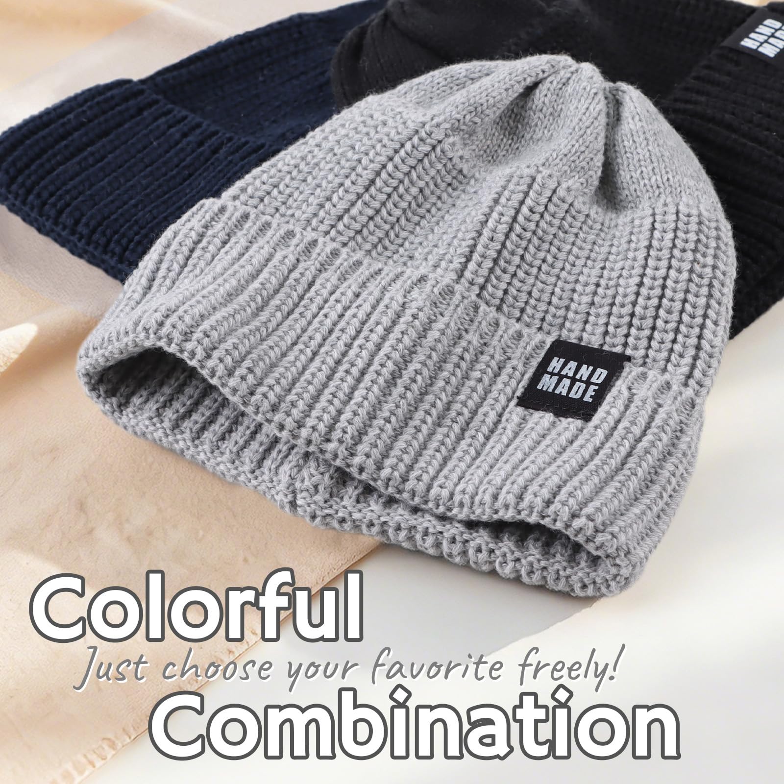 JANGANNSA Simple Knitted Baby Beanie Hip-Hop Boys Winter Hat Toddler Kids Bonnet for Girls 0-5Y (Black+Light Gray+Navy, M)