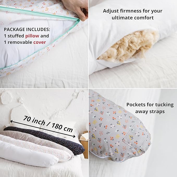 First Organic Cotton Pregnancy Pillow for Sleeping & Baby Feeding made with Natural Kapok Filling – Cooling Nursing & Comfort Pillow for Maternity Support & Side Sleepers – Removable Cover Included!