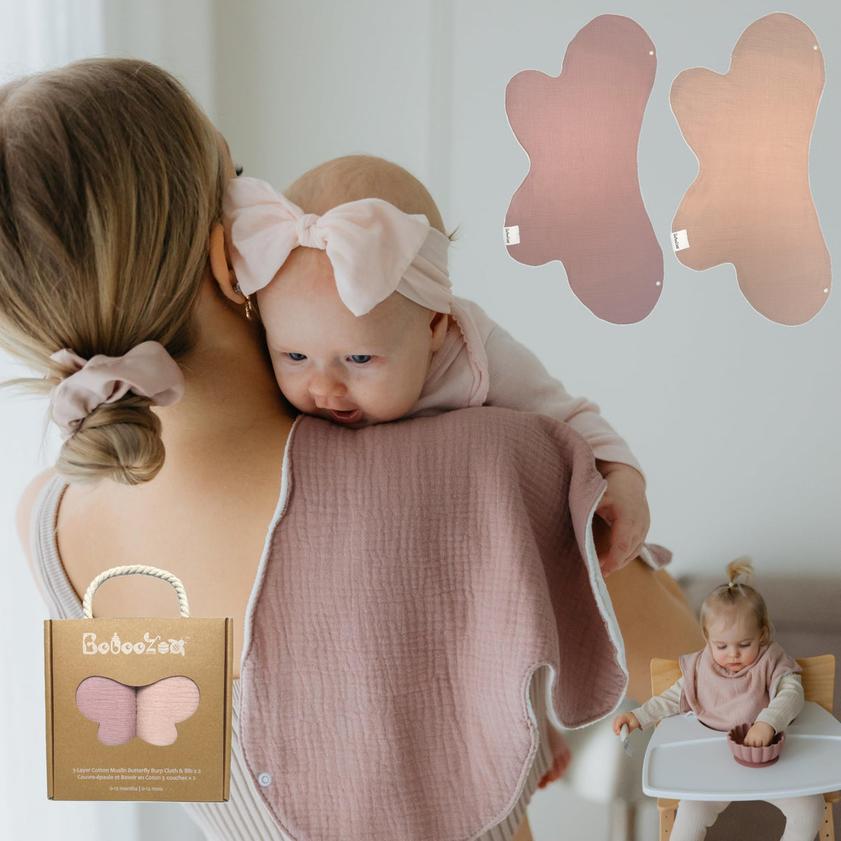 Bebeezoo 2-in-1 Burp Cloth Convertible to Bib Patented Design, 6-36m, Water-Resistant XL Oversized Cotton Muslin 3-Layer, 26”x12”, Soft & Absorbent (Pack of 2, Clay & Terra/Rose & Mist)