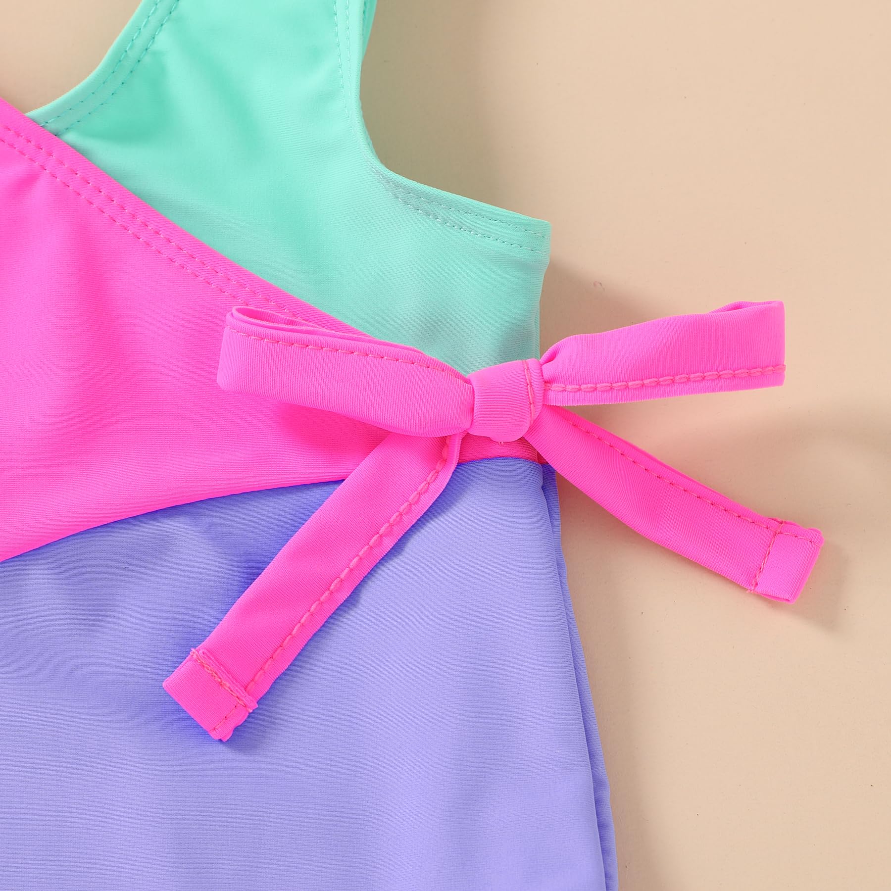 Happy Town Toddler Swimsuit Girl One Piece Bathing Suit Color Block Swimwear Baby Summer Beach Wear(3-4T, Green Pink Purple)