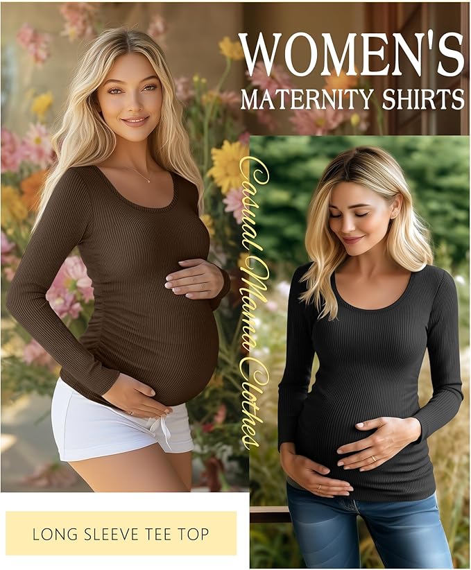 Riyiper 4 Pack Women's Maternity Shirts, Long Sleeve Cotton Ribbed Pregnancy Tee Top Crewneck Side Ruched Casual Mama Clothes