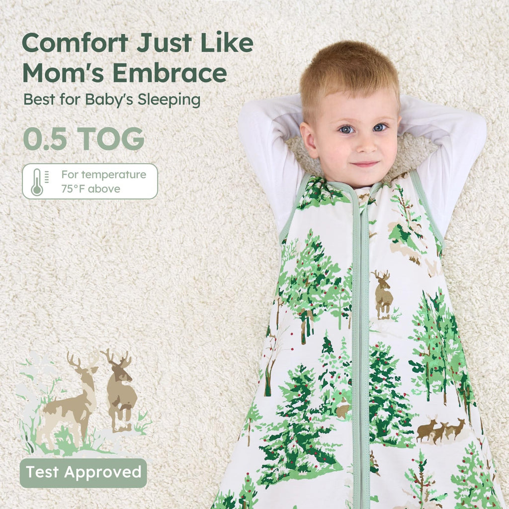 Unnivoll Baby Sleep Sack 0-6 Months 100% Cotton Lightweight 0.5 TOG Wearable Blanket Baby Sleep Bag with 2-Way Zipper for Newborn Infant Green Pine Tree