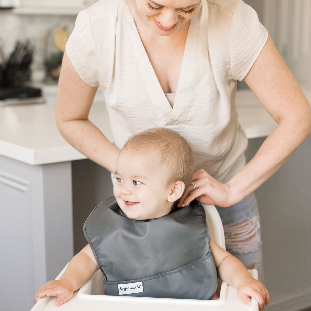 Tiny Twinkle Mess-Proof Baby Bibs for Eating | Waterproof, Wipeable Toddler Bibs with Catch-All Pocket | Feeding Bibs for Girls & Boys(3 Pack,Sage, Charcoal)