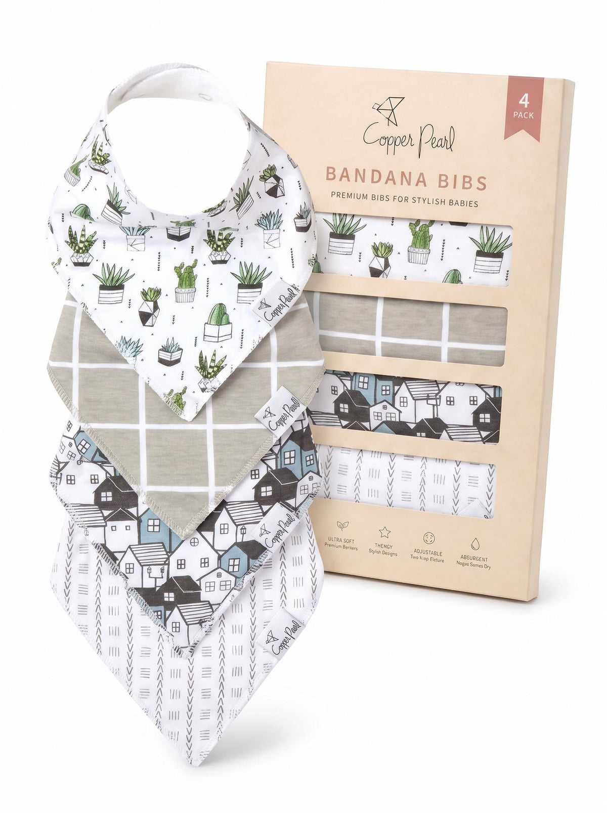 Copper Pearl Baby Bibs for Baby Boy or Girl – Bandana Drool Bibs for Teething, Absorbent Bibs for Eating, Newborn to Toddler, 4 Pack, Black Basics