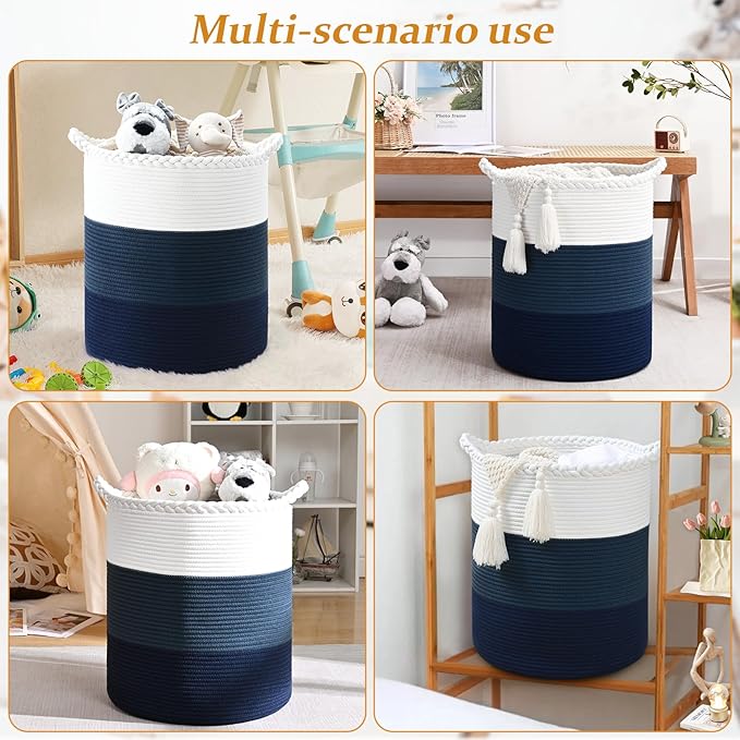 52L Storage Basket for Organizing, 15"×18" Large Tall Laundry Baskets, Cotton Rope Woven Blanket Basket, Toy Storage for Kids, Collapsible Laundry Hamper for Living Room, Nursery Room
