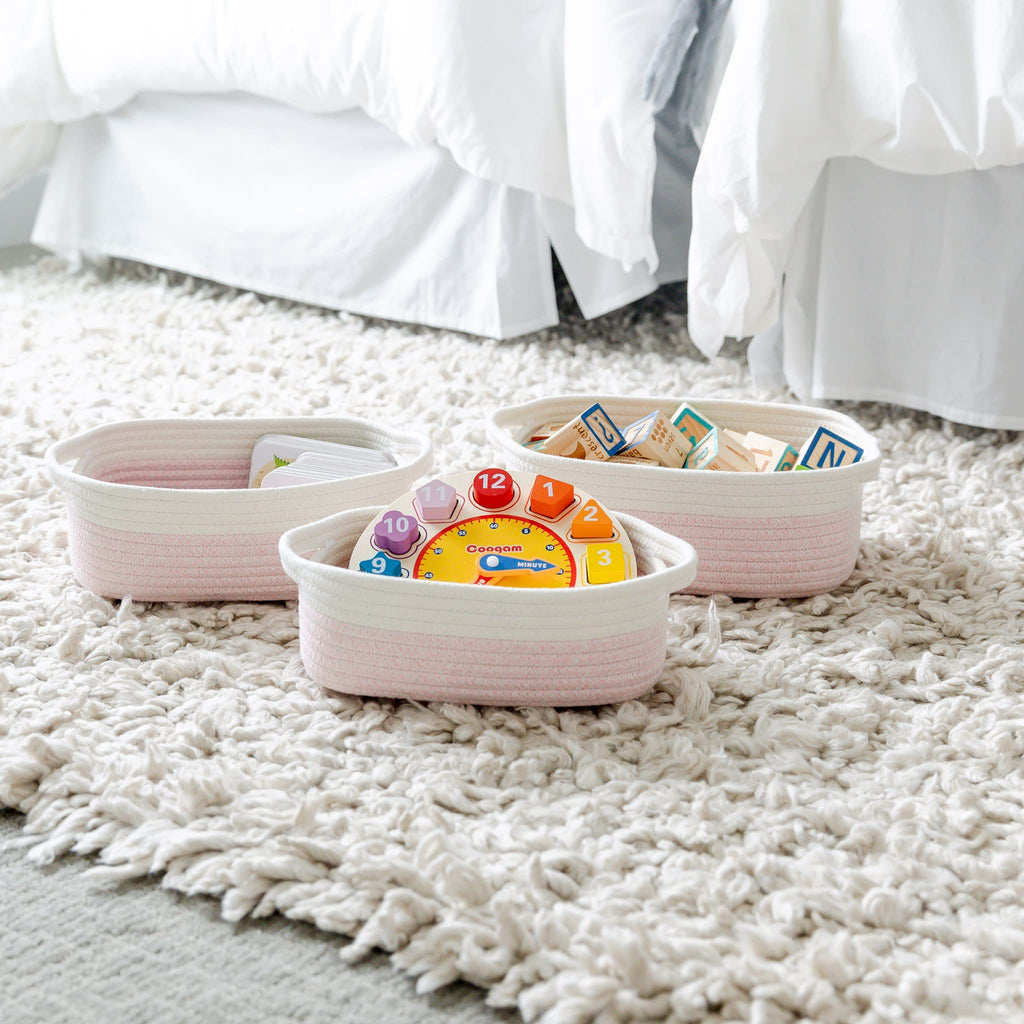 NaturalCozy 5-Piece Rectangle Storage Basket Set- Natural Cotton Rope Woven Baskets for Organizing! Small Basket for Montessori, Baby Nursery, Dog Toy Baskets, Cat Toy Box, Bathroom Organization Bin