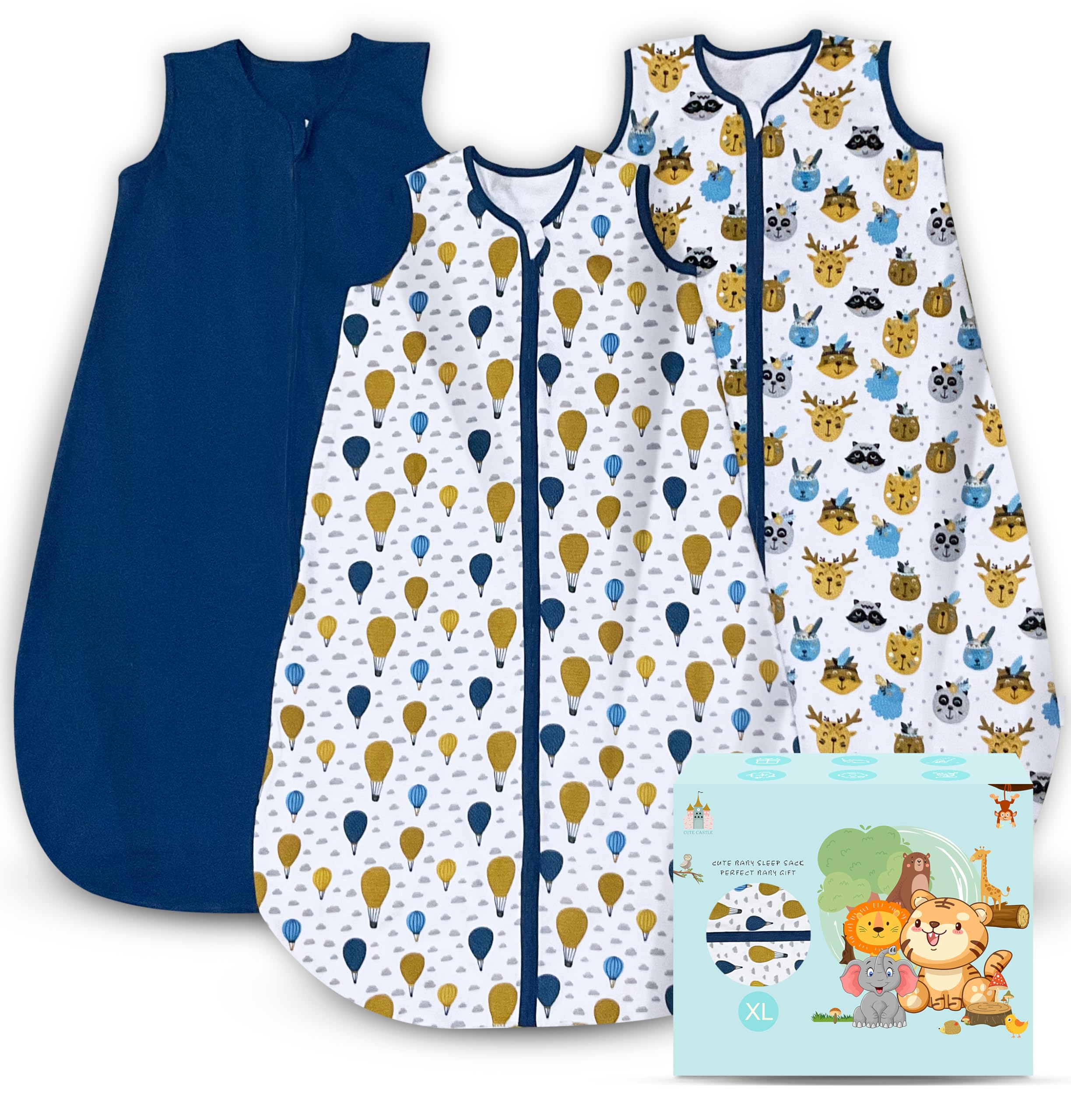 Cute Castle Baby Sleep Sack 18-24 Months - Lightweight 100% Cotton 2-Way Zipper TOG 0.5 Infant Wearable Blanket, Newborn Essentials Toddler Sleep Clothes, 3 Pack(Blue, Balloons, Animals)