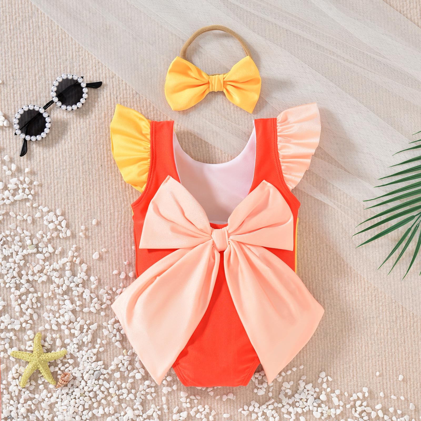 HIHA 0-6 Months Infant Baby Swimsuit Girl Color Block One Piece Bathing Suits Toddler Ruffle Swimsuit Girl Swimwear Orange
