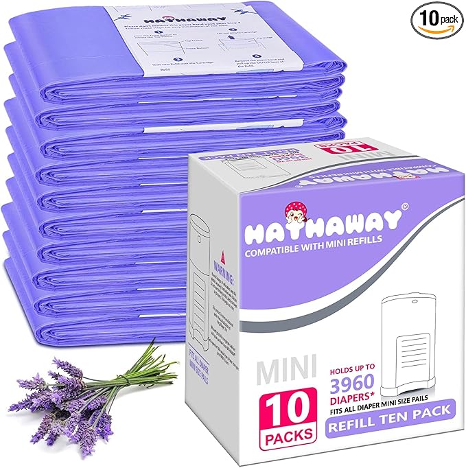 Diaper Pail Refill Bags Compatible With Dekor Mini Diaper Pail, Extra 30% Length, Lavender Scent, 10 Pack