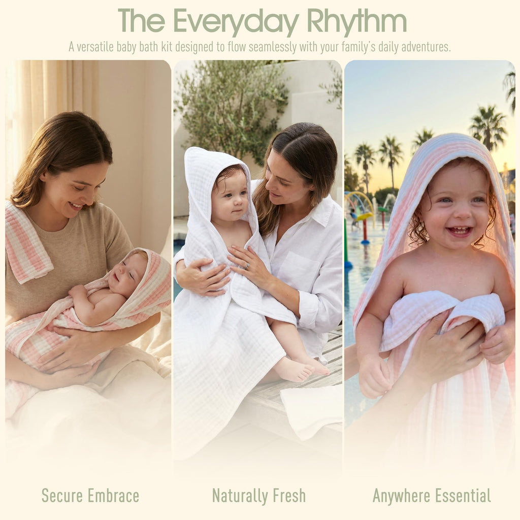 HardNok Organic Muslin Hooded Baby Bath Towel 4pc for Newborn - Pink Stripe