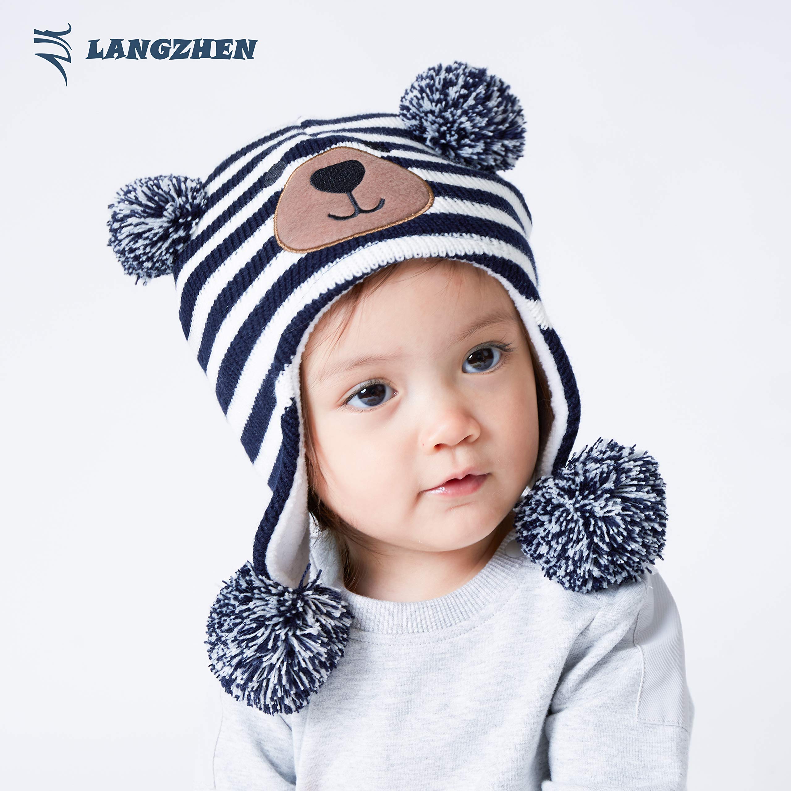 LANGZHEN Toddler Kids Infant Winter Hat,Earflap Knit Warm Cap Fleece Lined Beanie for Baby Boys Girls (Bear -Navy Stripe+Polar Bear-Navy, 6-12 Months)