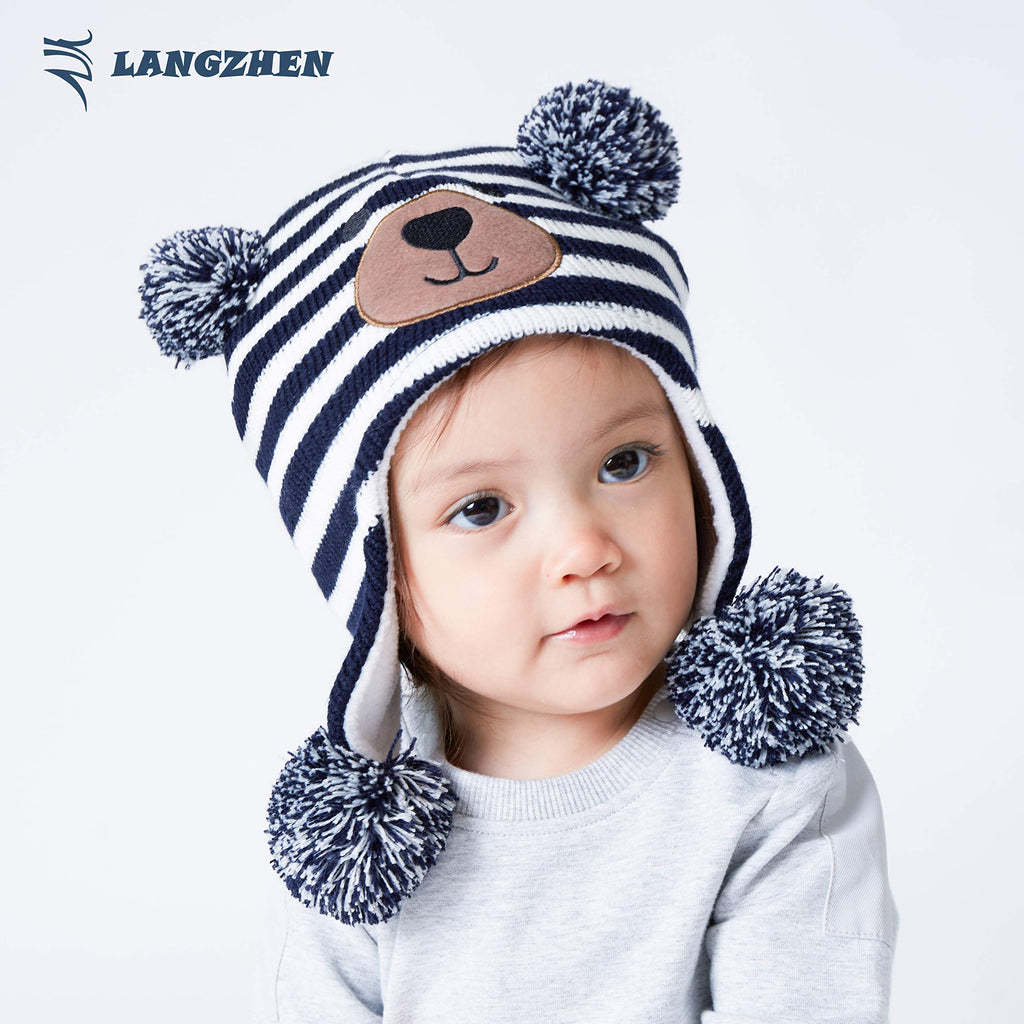 LANGZHEN Toddler Kids Infant Winter Hat,Earflap Knit Warm Cap Fleece Lined Beanie for Baby Boys (Bear -Navy Stripe+Bear -Brown Stripe, 2-4 T)