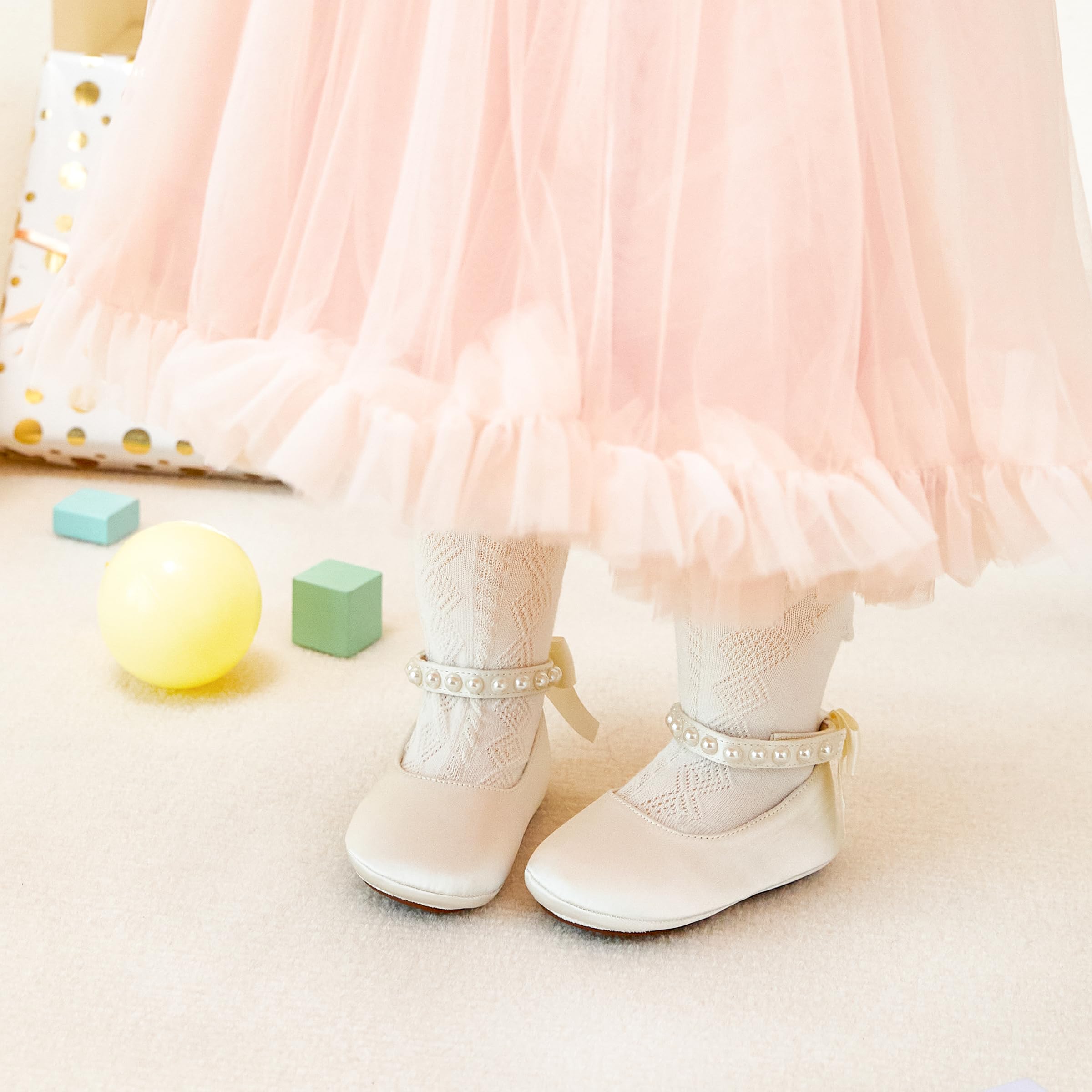 PHIRAMIN Baby Girls Satin Ivory White Mary Jane Flats - Infant 12-18 Months Walking Shoes Soft Rubber Sole Princess Wedding