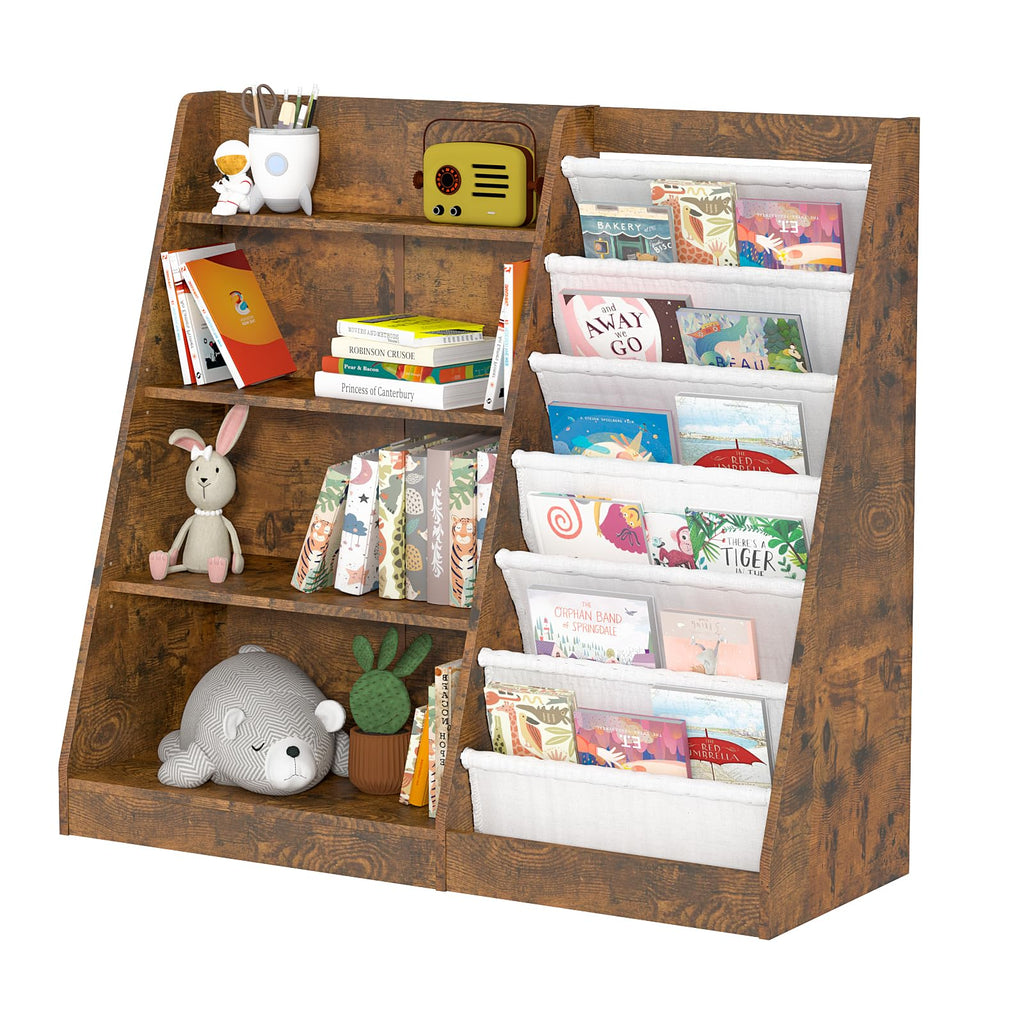 HedoAjim Kids Bookshelf for Bedroom Toddler Child Baby Bookcase 4-Tier for Nursery Book Toy Storage Organizer 6 Sling Adjustable Display Shelf Stand Book Rack Wood Classroom Playroom Rustic Brown