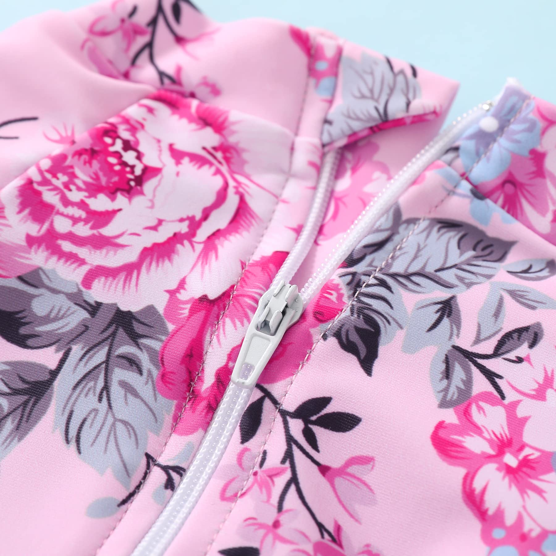 Infant Baby Girl Swimsuit One-Piece Long Sleeve Rash Guard with Hat Set Floral Zipper Bathing Suit Leopard Beach Wear(0-3 Months, Flower#4)