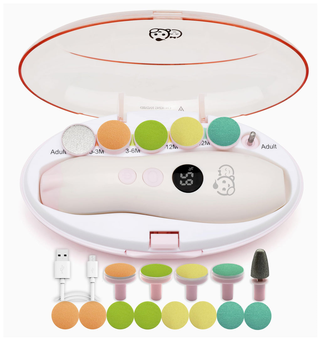 Royal Angels Rechargeable 22 in 1 Baby Nail Trimmer with LCD Display, Labeled Case, 13 Extra Pads, 4 Speed Settings, Safe Quiet LED Light Electric Baby Nail File Kit for Newborns Toddlers (WhitePink)