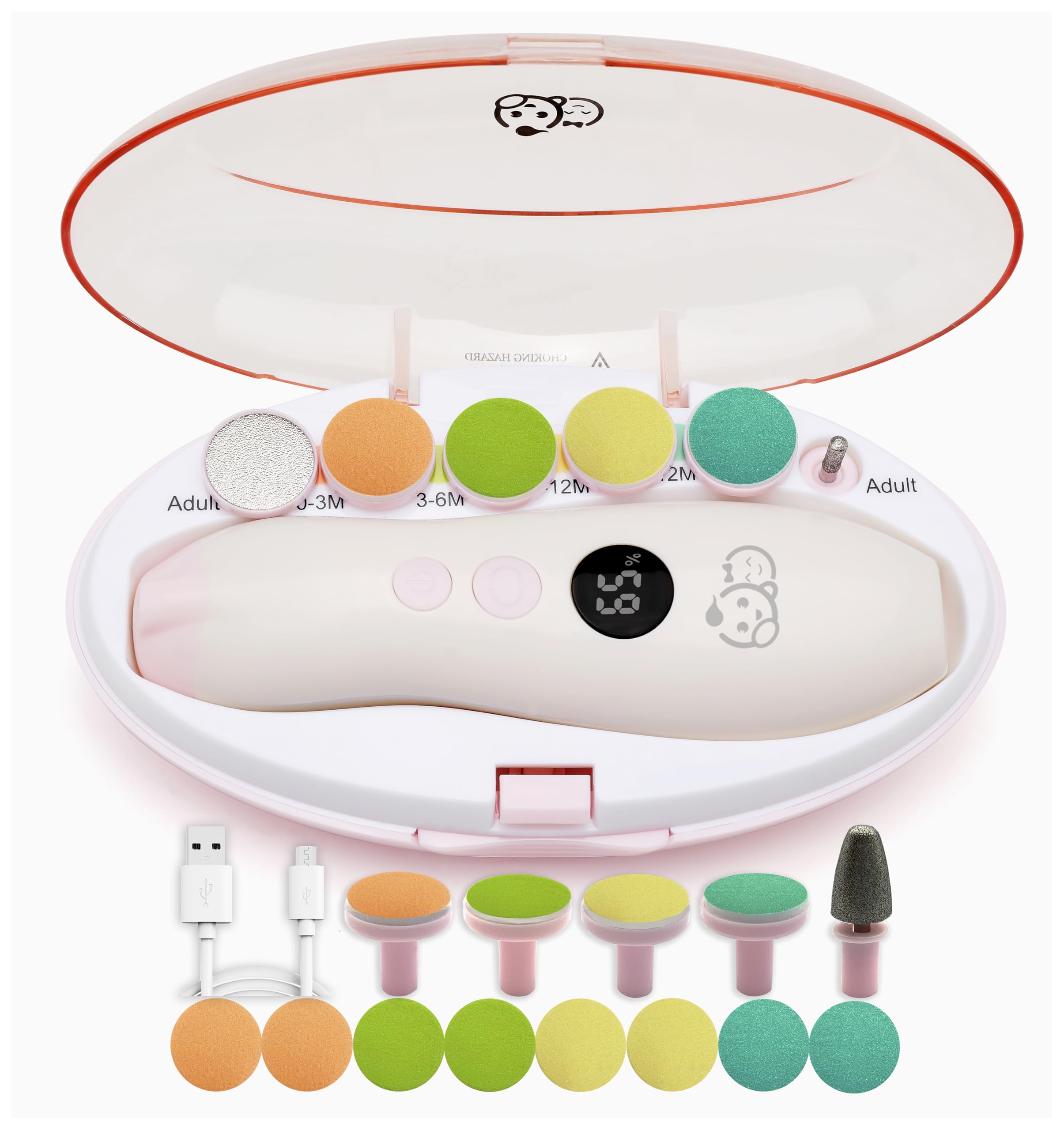 Royal Angels Rechargeable 22 in 1 Baby Nail Trimmer with LCD Display, Labeled Case, 13 Extra Pads, 4 Speed Settings, Safe Quiet LED Light Electric Baby Nail File Kit for Newborns Toddlers (WhitePink)
