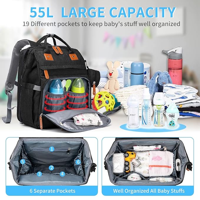 KABAQOO Diaper Bag Backpack with Detachable Changing Station, Large Capacity Baby Diaper Bags for Boys & Girls, Baby Registry Search Stuff & Shower Gifts, Newborn Essentials Must Haves, Black-2s