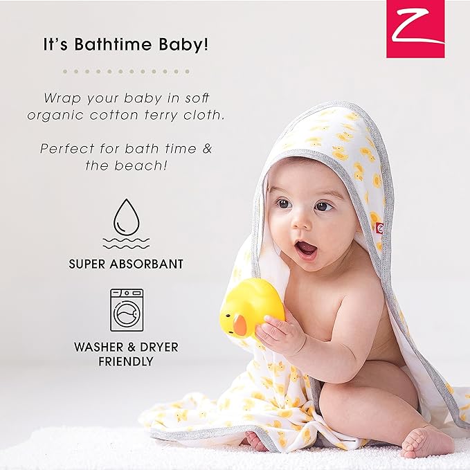 Zutano Hooded Baby Towels, Organic Cotton Baby Bath Towel, Ultra Soft and Absorbent Baby Towel for Newborn and Infant | Girl, Boy, and Unisex Towel Set, Elephant Bath Time, 1-Pack