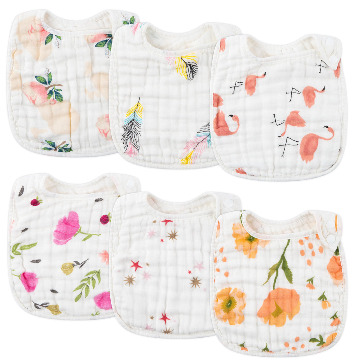 Zainpe 6Pcs Snap Muslin Cotton Bibs for Baby, Flamingo Star Flower Machine Washable Adjustable Burp Cloths with 6 Absorbent Soft Layers for Infant Newborn Toddler Drooling Feeding and Teething