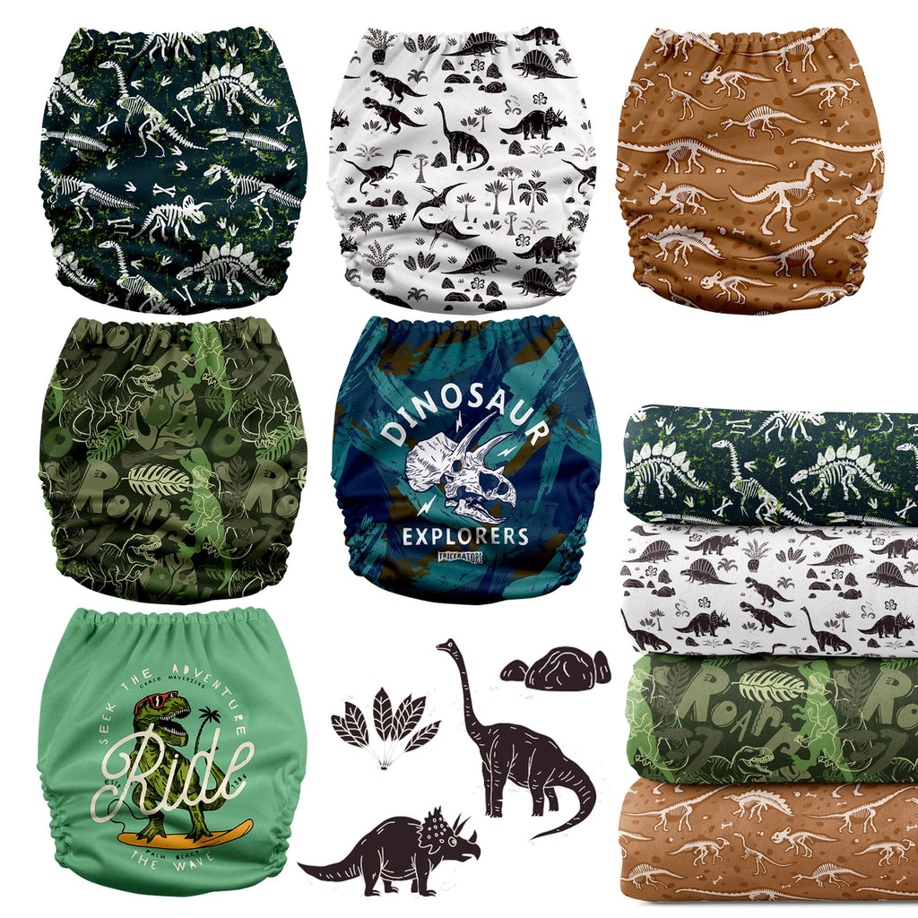 Mama Koala 3.0 Pocket Cloth Diapers for Babies with AWJ Lining, 6 Pack with 6 5-Layer Natural Cloth Diaper Inserts - Reusable and Washable Pocket Diapers(A-It's Dinosaurs)
