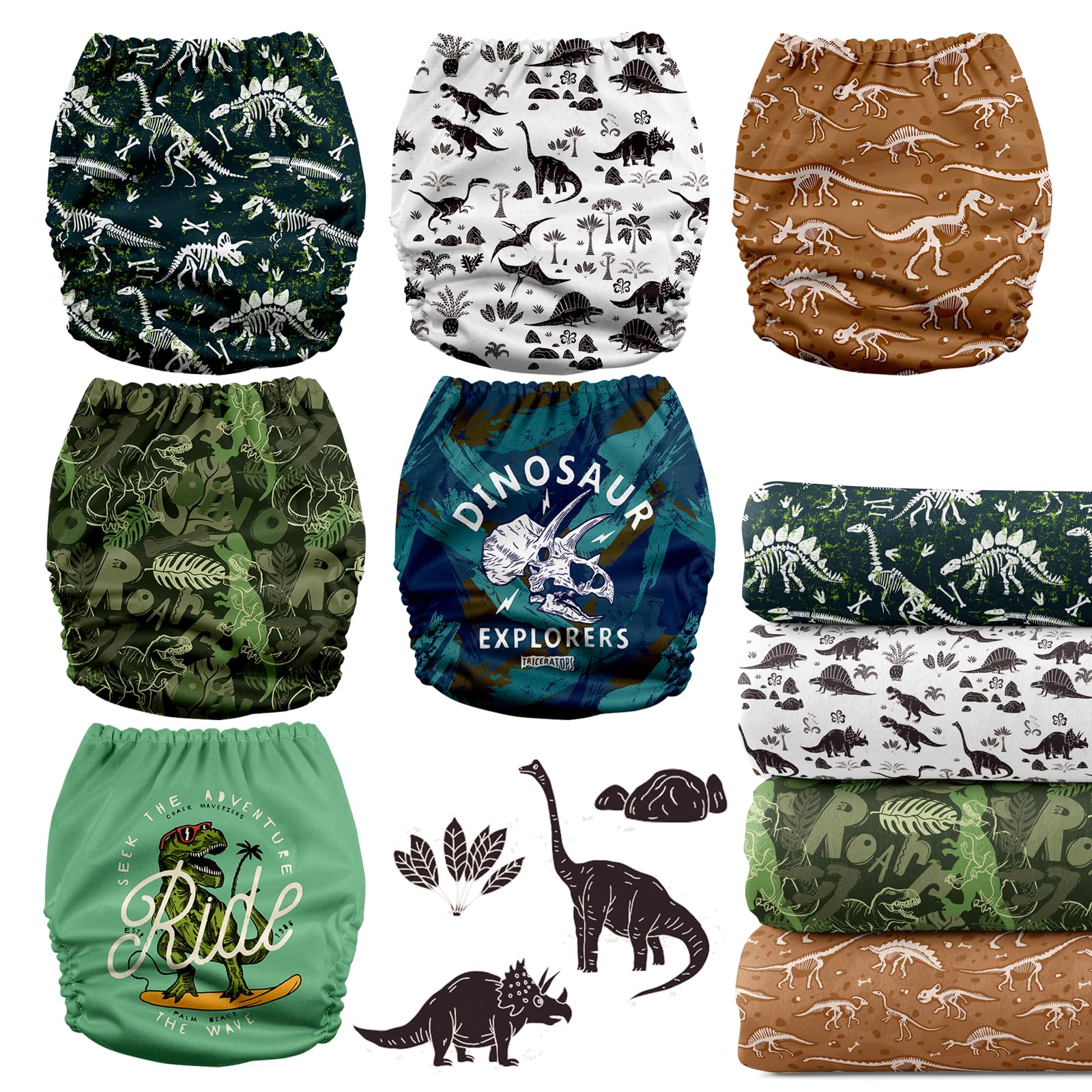 Mama Koala 3.0 Pocket Cloth Diapers for Babies with AWJ Lining, 6 Pack with 6 5-Layer Natural Cloth Diaper Inserts - Reusable and Washable Pocket Diapers(A-It's Dinosaurs)