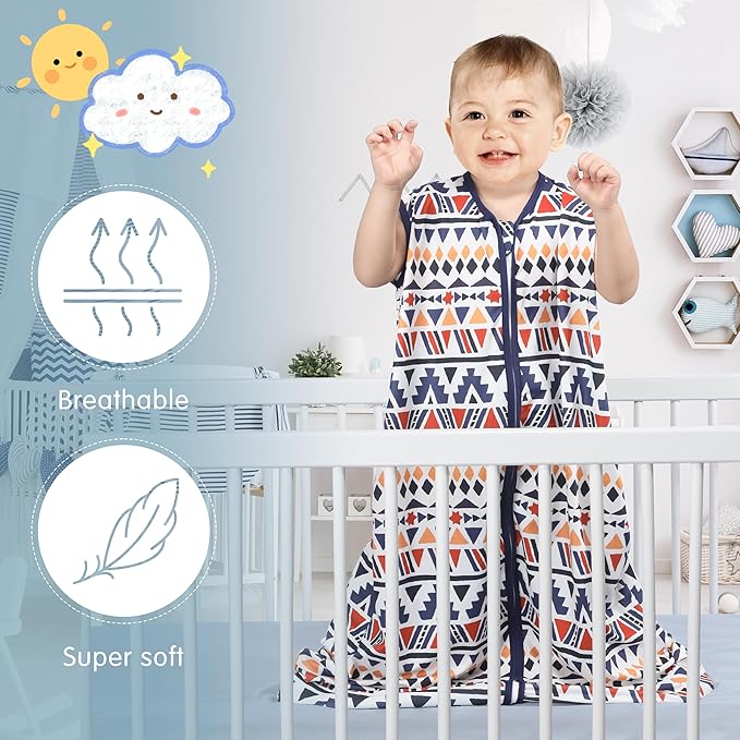 3 Pack Baby Sleep Sack 100% Rayon Cotton Baby Sleeping Bag 2-Way Zipper Toddler Wearable Blankets TOG 0.3. (Soccer&Triangles&Blue, 18-24 Months)