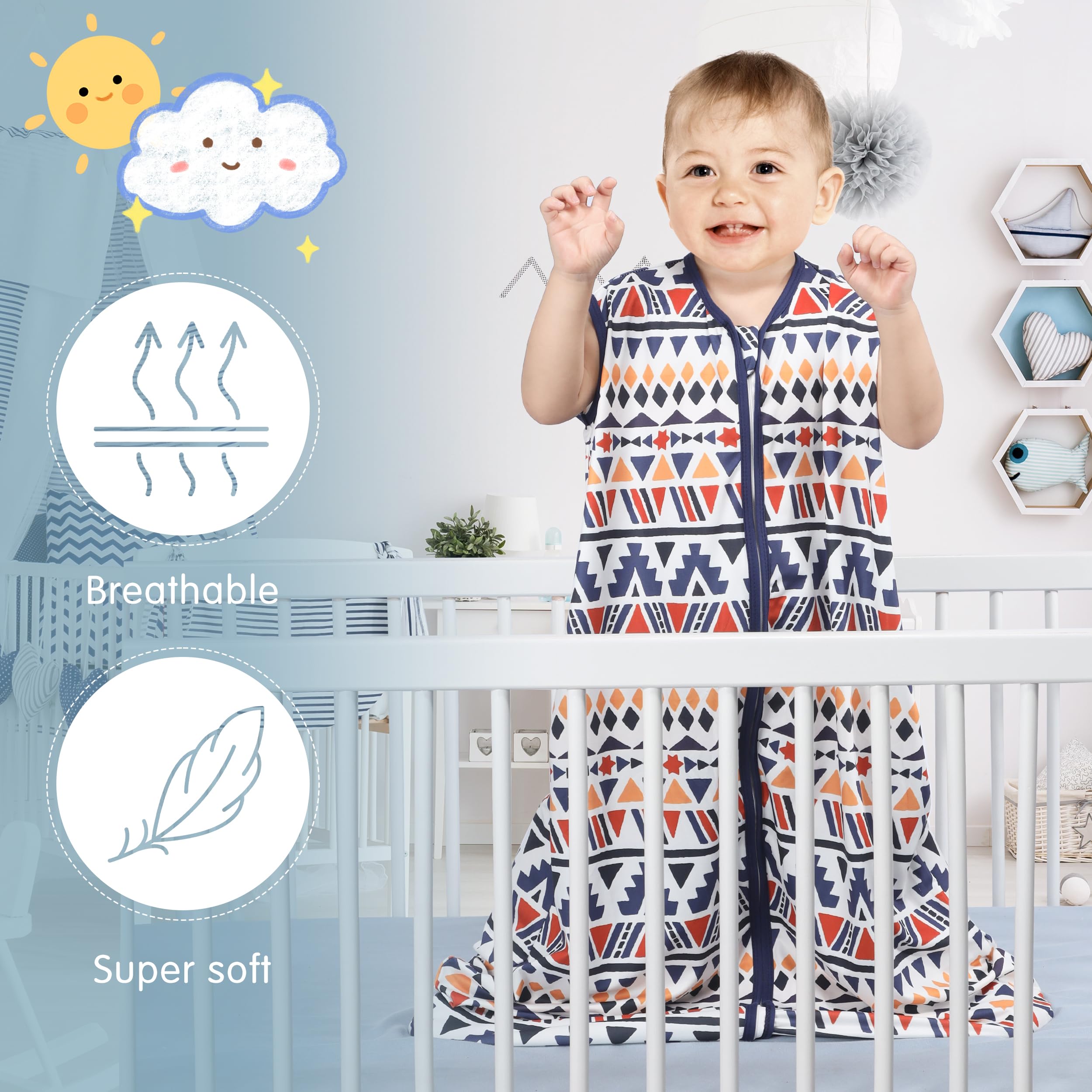 BSTOPPT 3 Pack Baby Sleep Sack 100% Rayon Cotton Baby Sleeping Bag 2-Way Zipper Toddler Wearable Blankets TOG 0.3. (Soccer&Triangles&Blue, 6-12 Months)